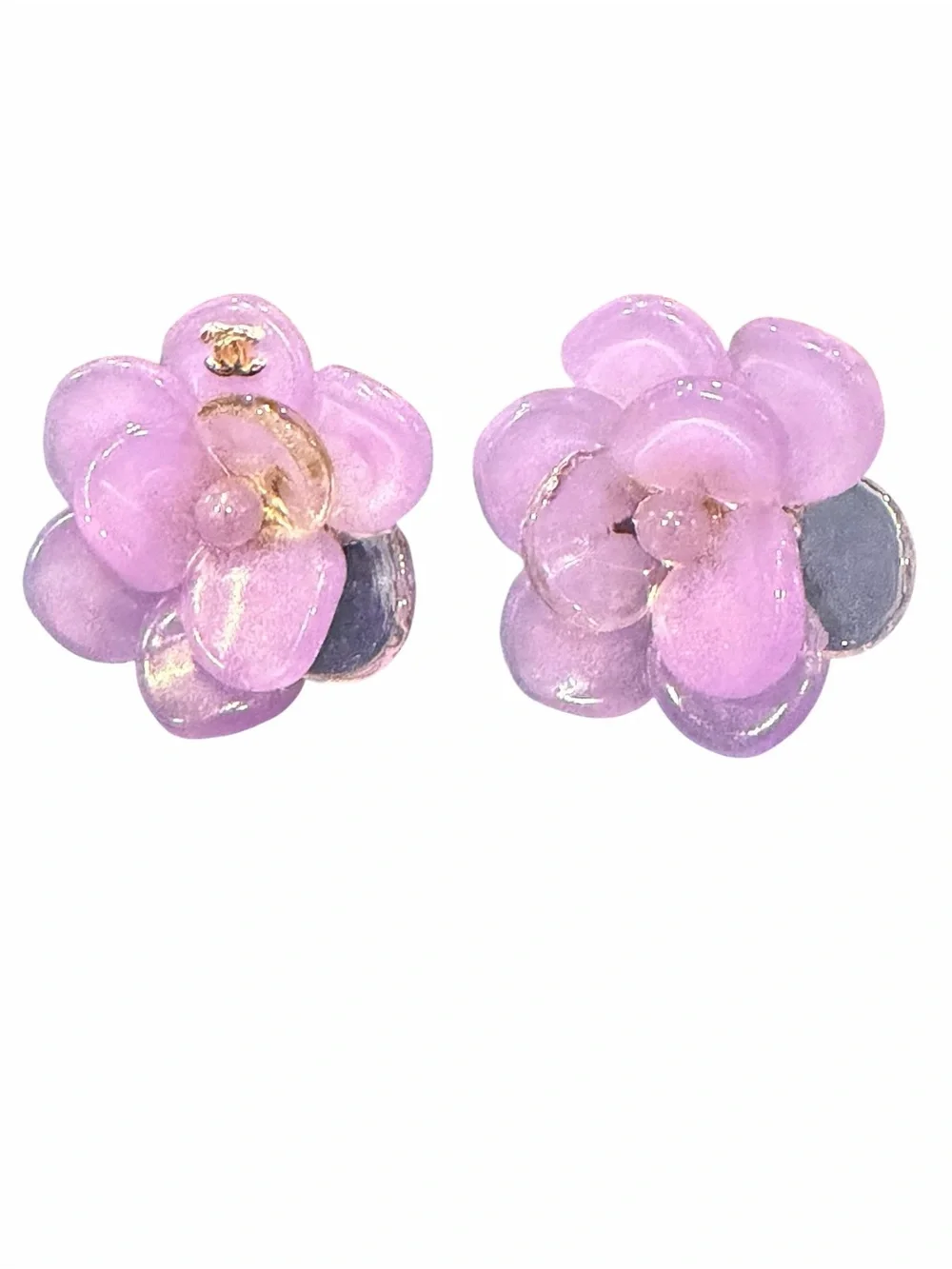 CHANEL Lavender Camellia Resin Clip-On Earrings with Gold CC Accent